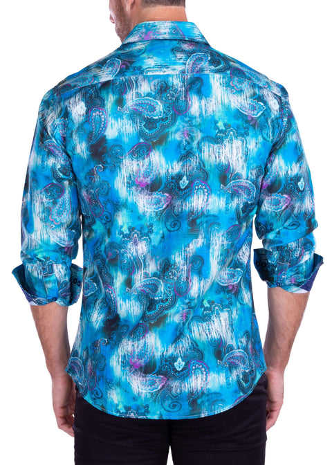 Trippy Watercolor Paisley Long Sleeve Dress Shirt Turquoise