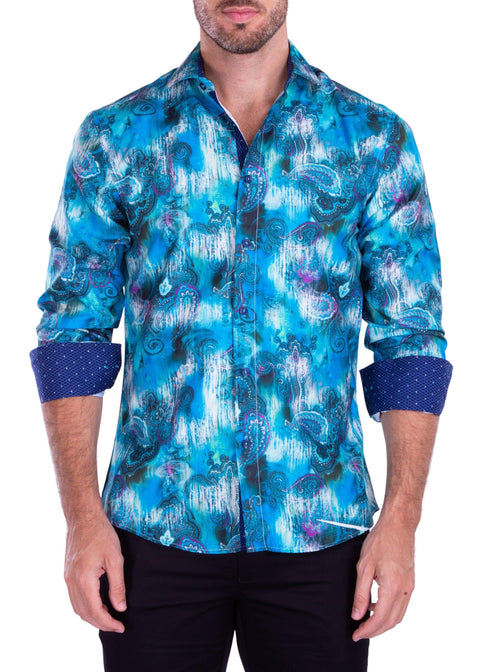 Trippy Watercolor Paisley Long Sleeve Dress Shirt Turquoise