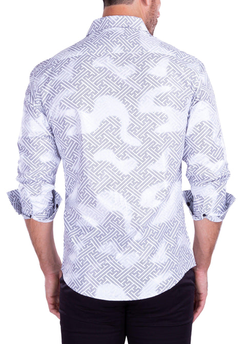 Maze Pattern Metallic Accent Long Sleeve Dress Shirt White