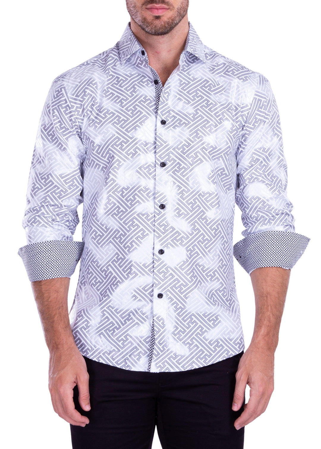 Maze Pattern Metallic Accent Long Sleeve Dress Shirt White by Bespoke Moda Maze Pattern Metallic Accent Long Sleeve Dress Shirt White by Bespoke Moda