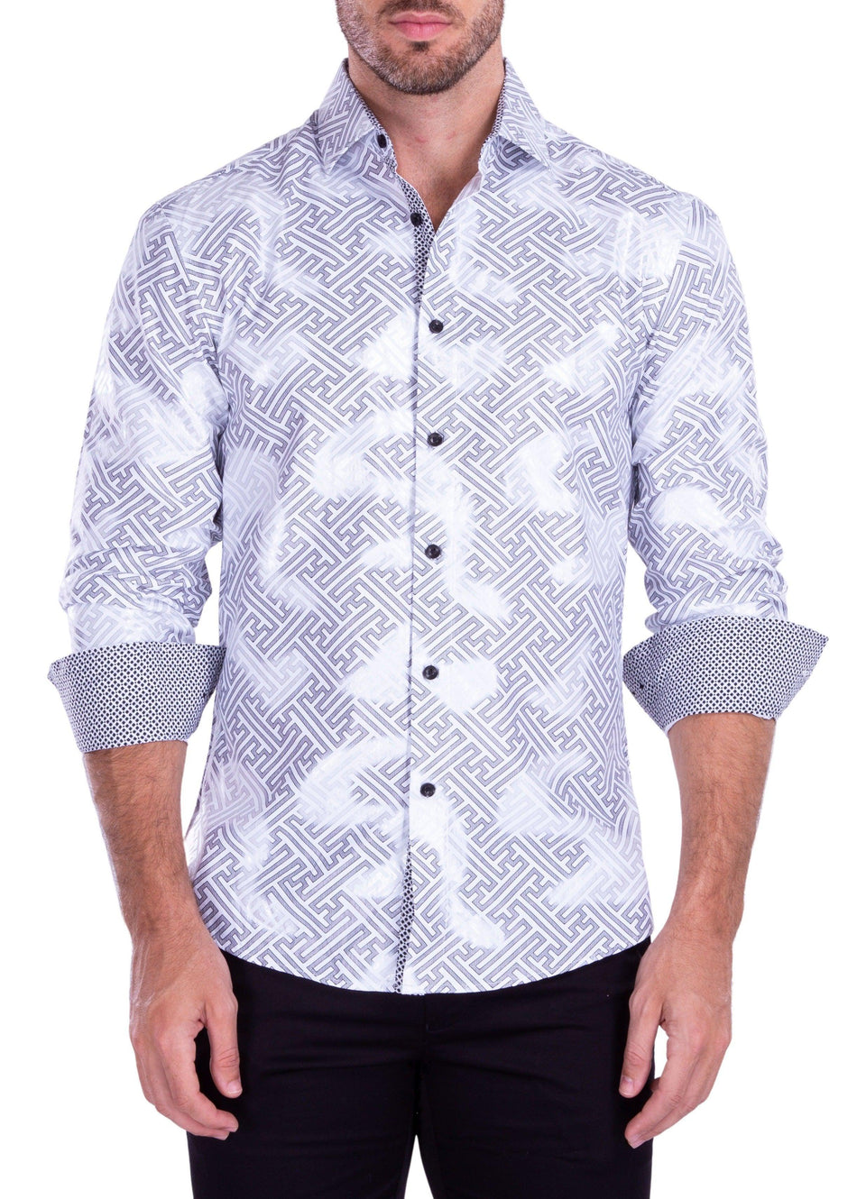 Maze Pattern Metallic Accent Long Sleeve Dress Shirt White