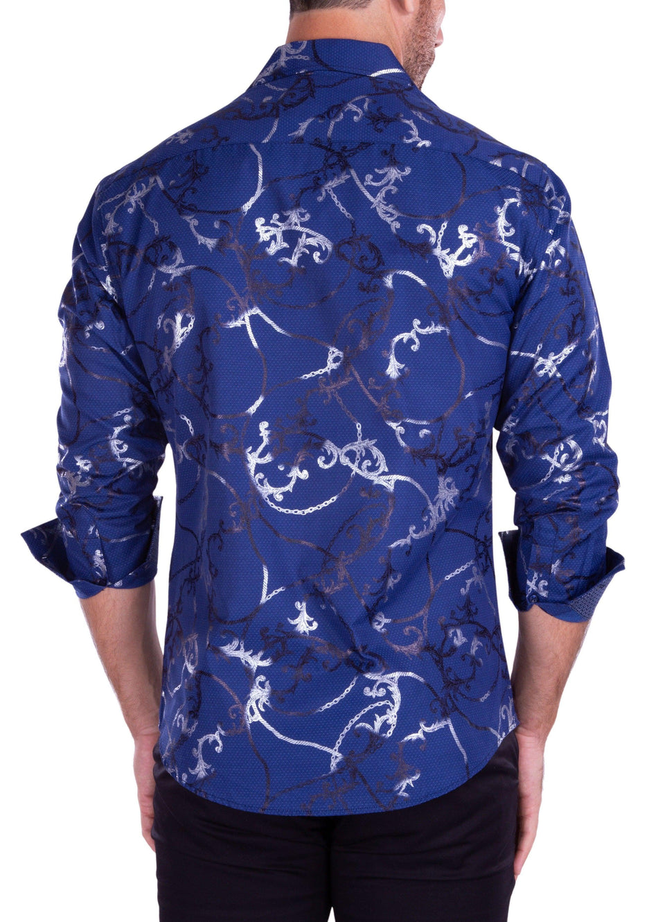 Abstract Metallic Accent Chain Print Long Sleeve Dress Shirt Navy