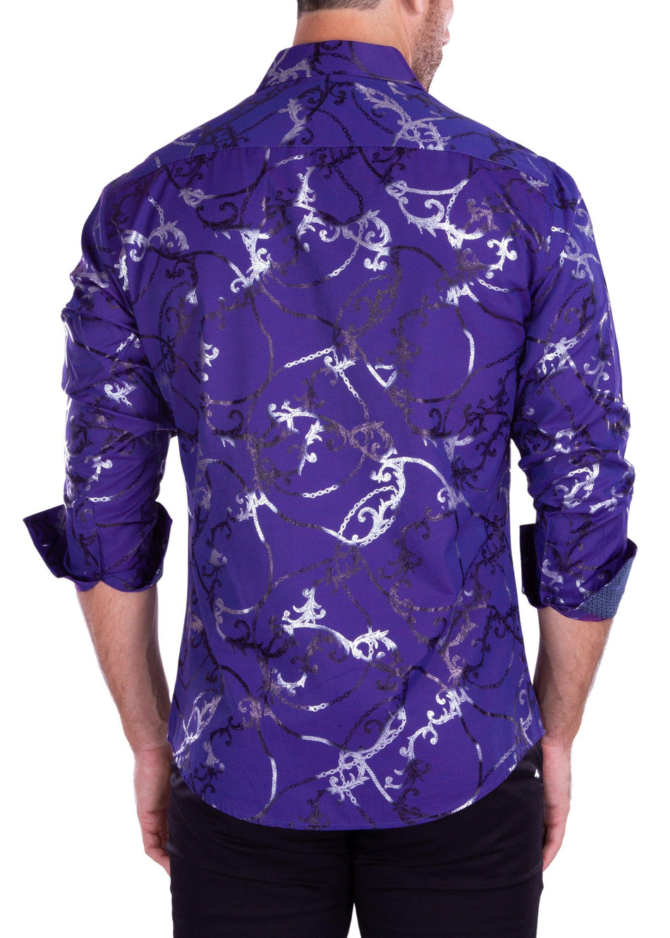 Abstract Metallic Accent Chain Print Long Sleeve Dress Shirt Purple