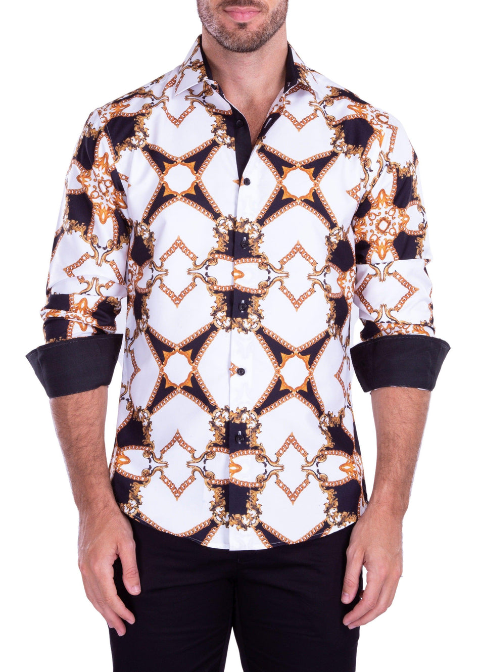 Symmetrical Chain Print Button Up Long Sleeve Dress Shirt