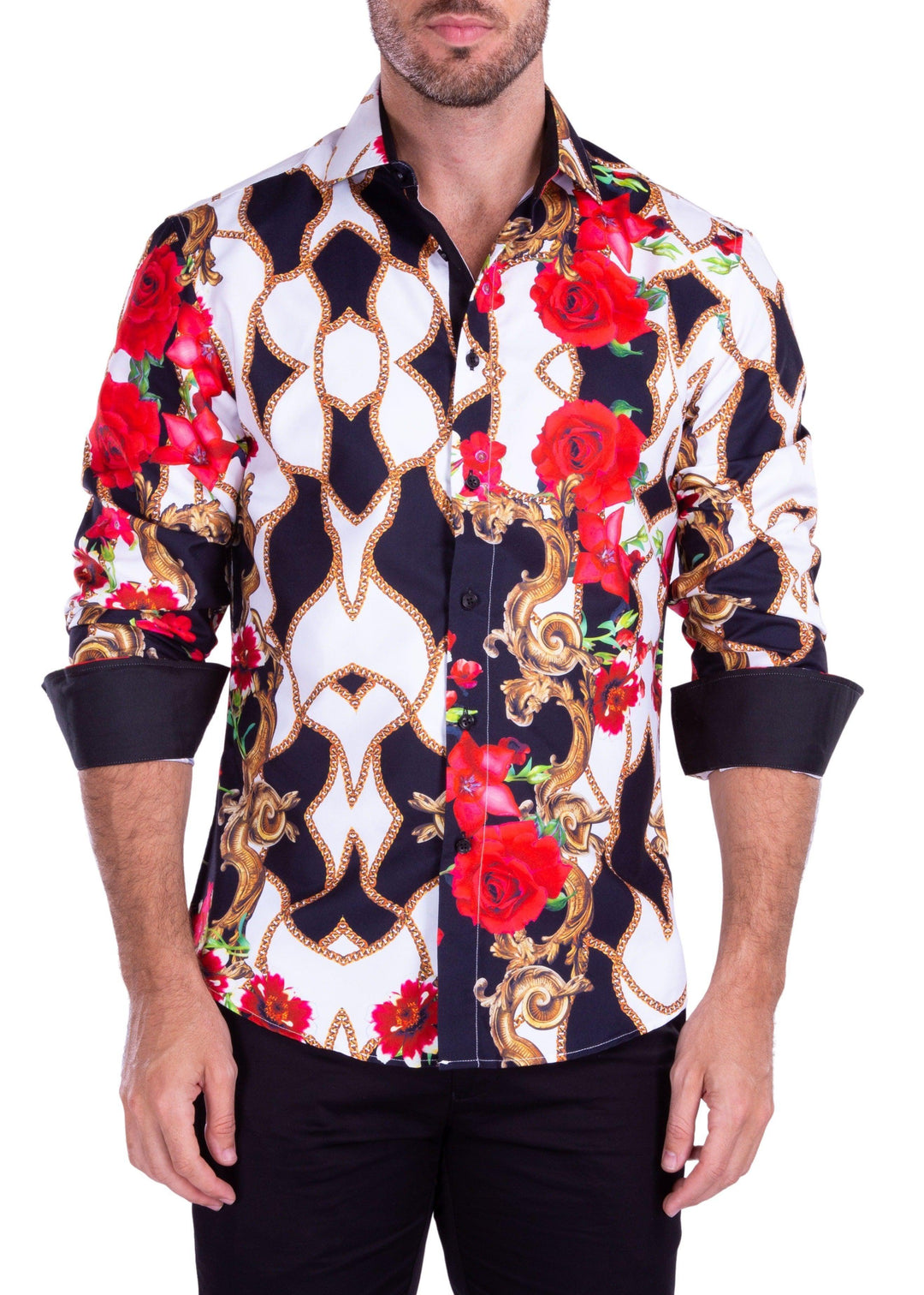 black dress shirt with roses EMBROIDERED ROSE SHIRT