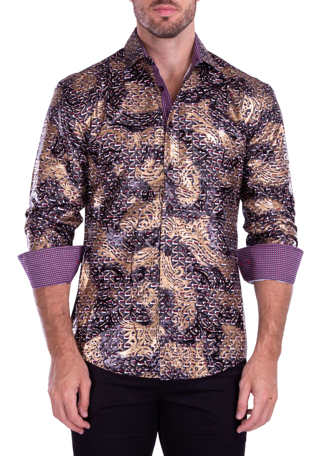 Men's Black Shiny Printed Button Up Long Sleeve Dress Shirt Black / MD Men's Black Shiny Printed Button Up Long Sleeve Dress Shirt Black / MD