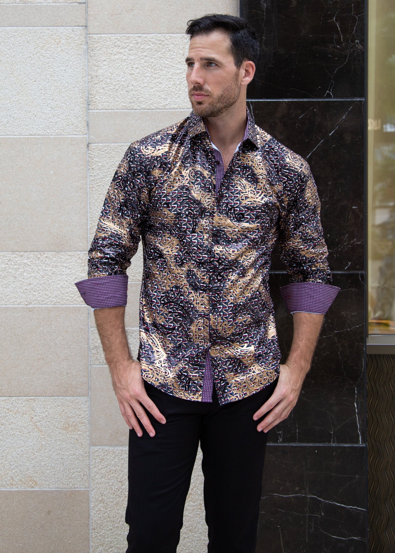 Men's Black Shiny Printed Button Up Long Sleeve Dress Shirt Black / 2X Men's Black Shiny Printed Button Up Long Sleeve Dress Shirt Black / 2X