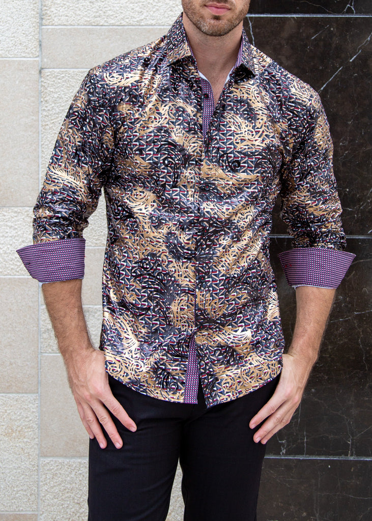 Men's Black Shiny Printed Button Up Long Sleeve Dress Shirt Black / MD