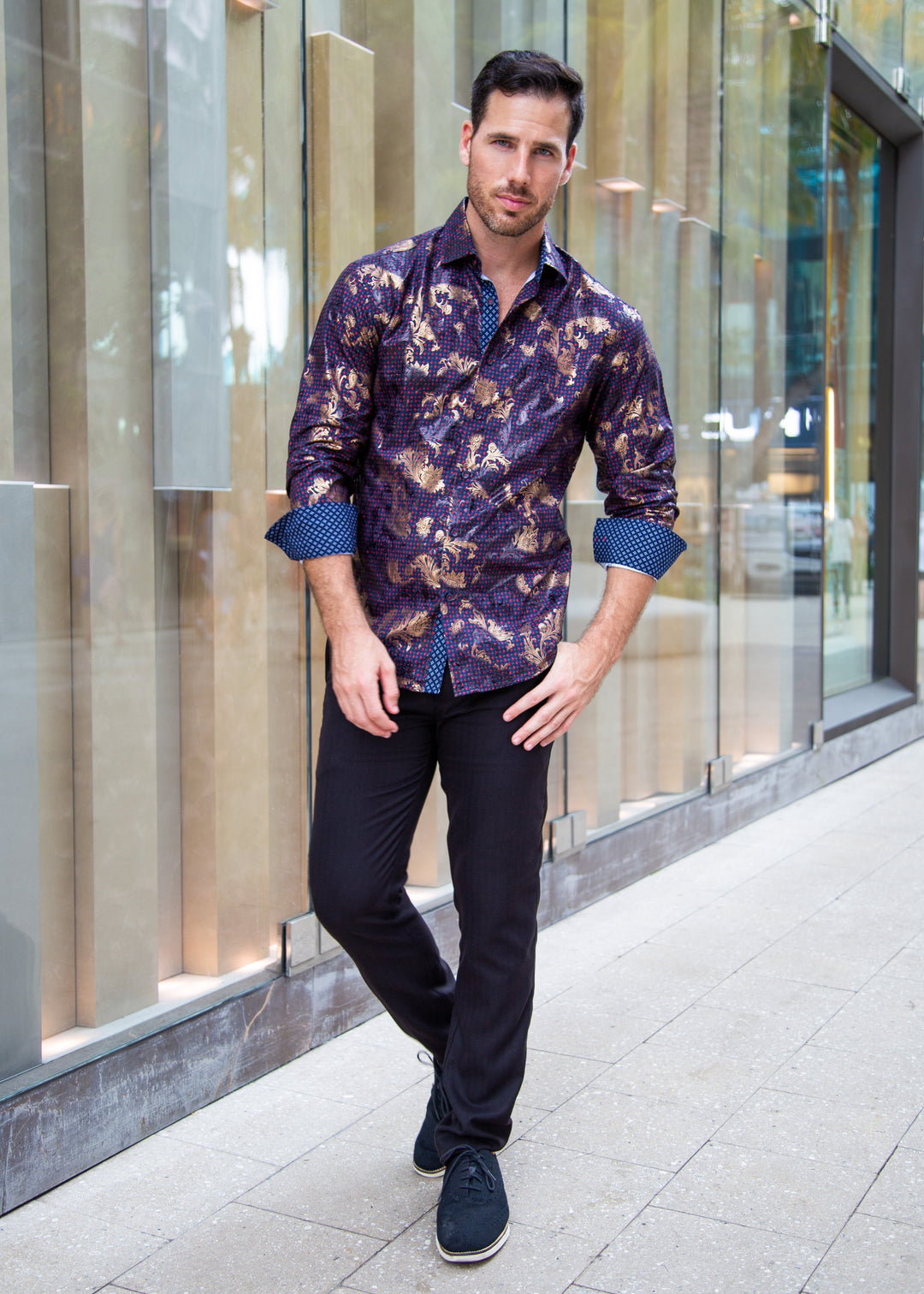 Diamond Geo Pattern Metallic Flourish Accent Navy Button Up Long Sleeve Dress Shirt Navy / 3X Diamond Geo Pattern Metallic Flourish Accent Navy Button Up Long Sleeve Dress Shirt Navy / 3X
