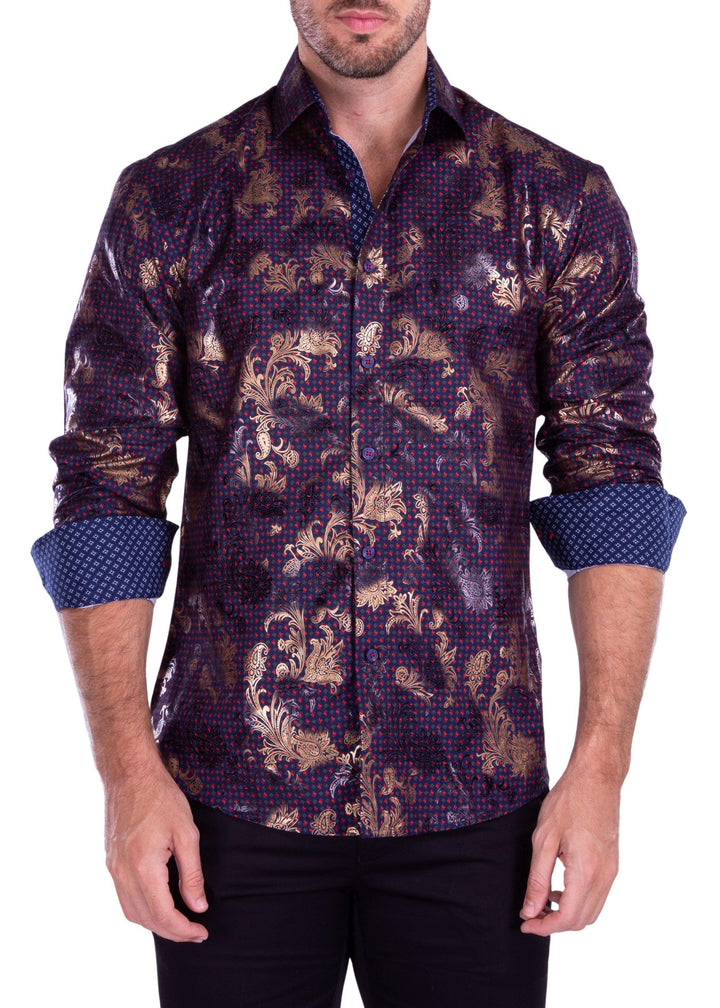 Diamond Geo Pattern Metallic Flourish Accent Navy Button Up Long Sleeve Dress Shirt