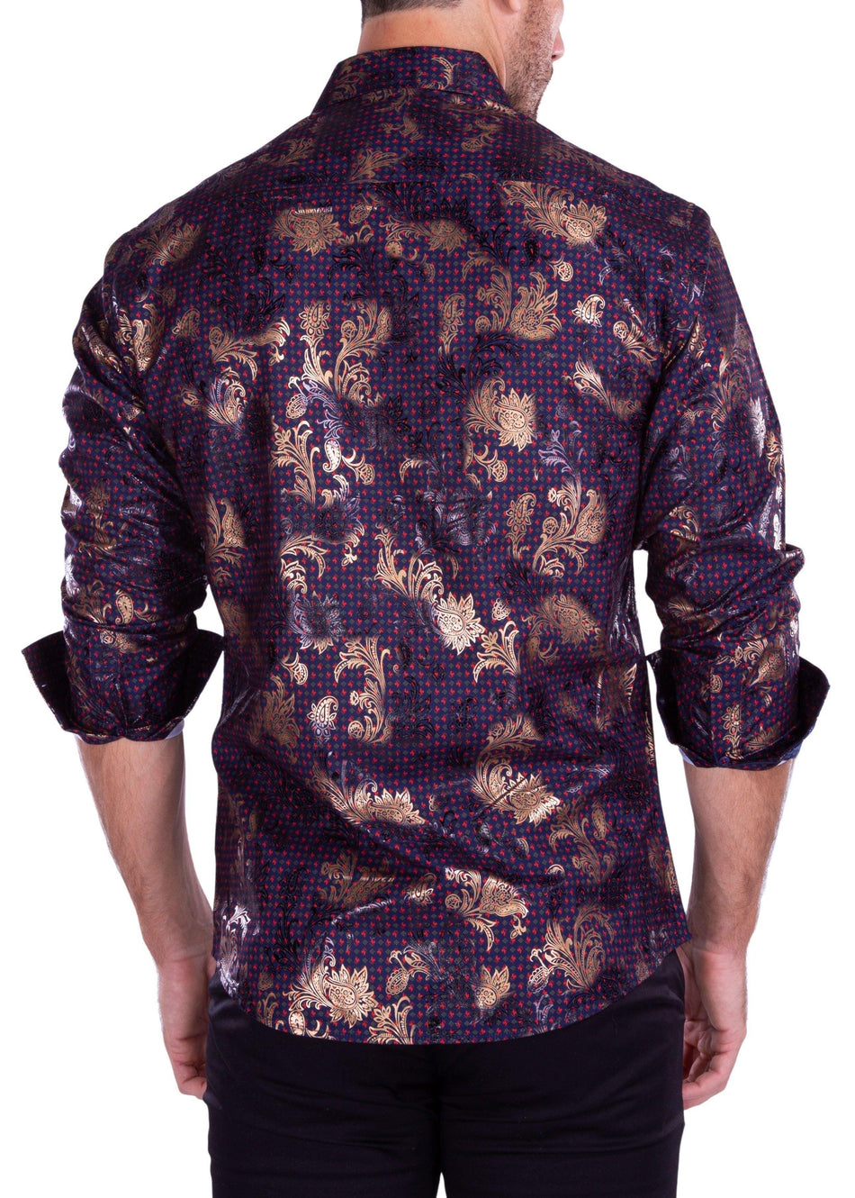 Diamond Geo Pattern Metallic Flourish Accent Navy Button Up Long Sleeve Dress Shirt