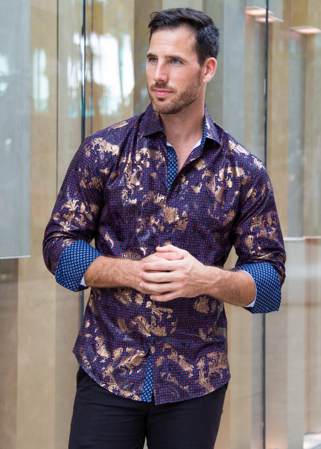 Diamond Geo Pattern Metallic Flourish Accent Navy Button Up Long Sleeve Dress Shirt Navy / 3X Diamond Geo Pattern Metallic Flourish Accent Navy Button Up Long Sleeve Dress Shirt Navy / 3X