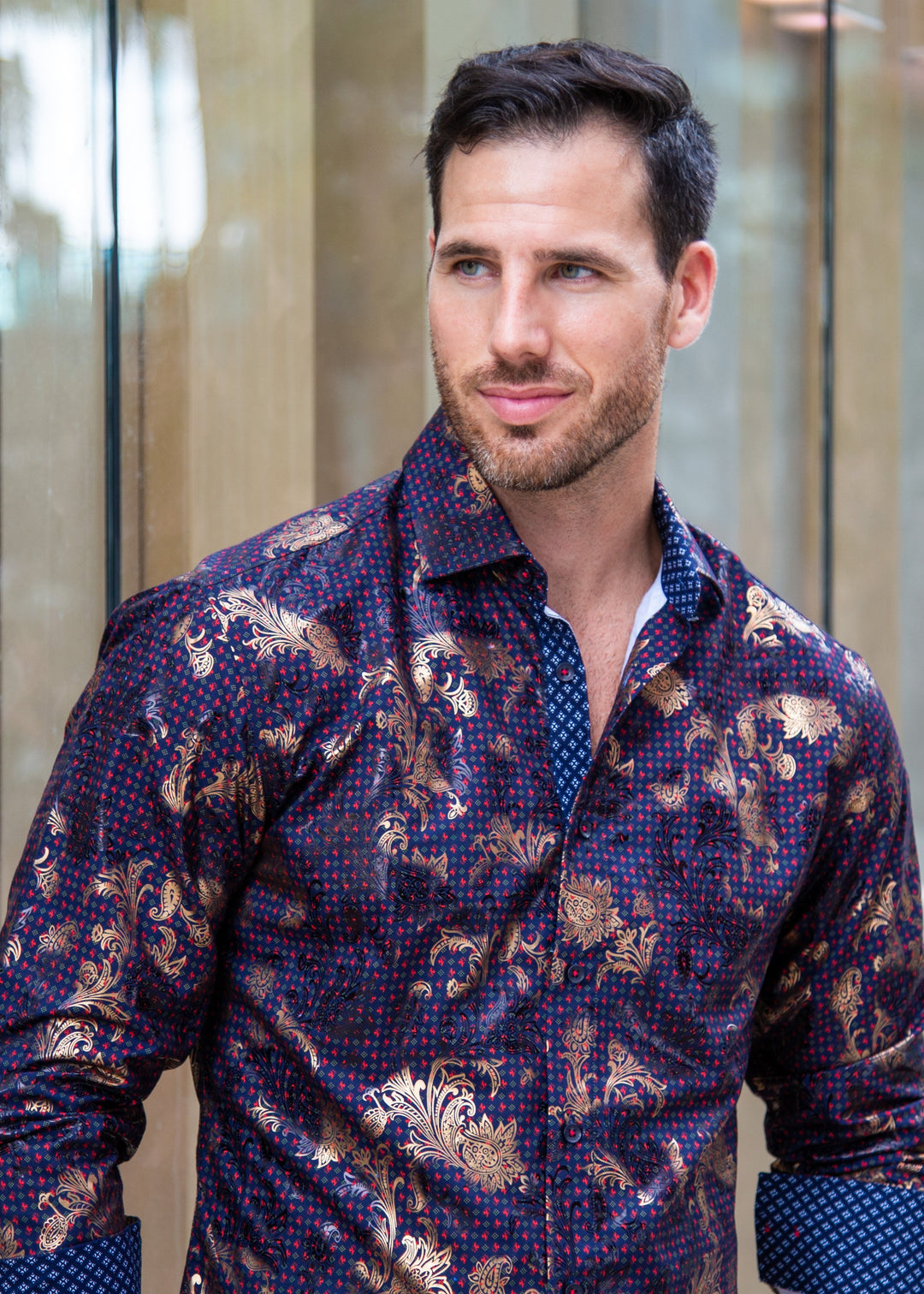 Diamond Geo Pattern Metallic Flourish Accent NAVY Button Up Long Sleeve Dress Shirt NAVY / 3X Diamond Geo Pattern Metallic Flourish Accent NAVY Button Up Long Sleeve Dress Shirt NAVY / 3X