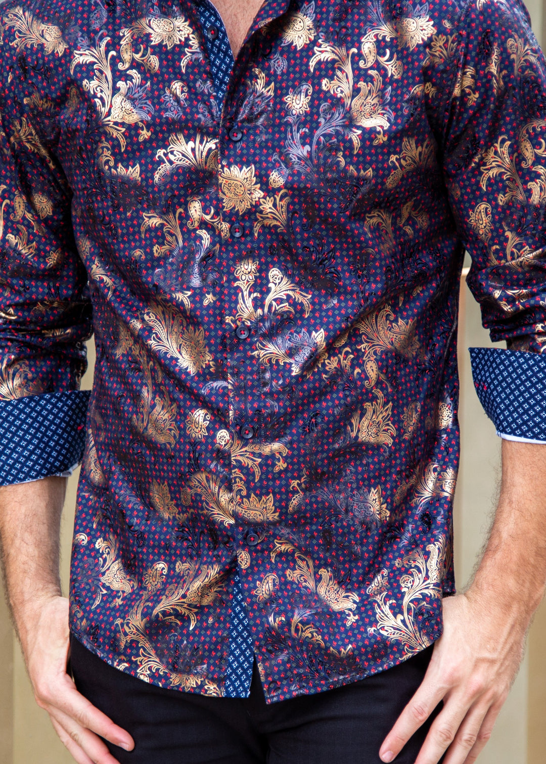 Diamond Geo Pattern Metallic Flourish Accent Navy Button Up Long Sleeve Dress Shirt Diamond Geo Pattern Metallic Flourish Accent Navy Button Up Long Sleeve Dress Shirt