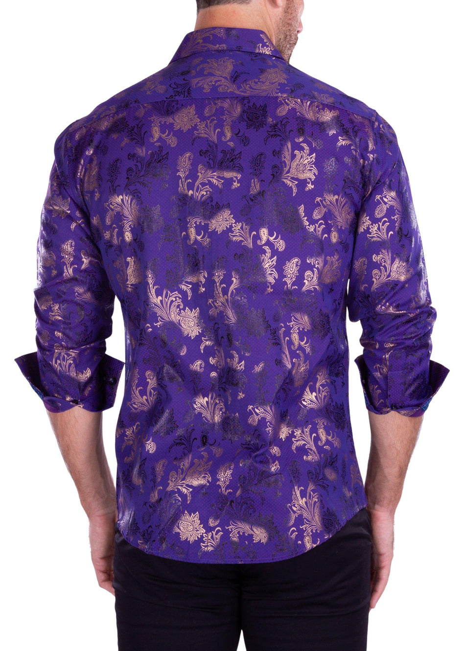 Metallic Flourish Accent On Microprint Long Sleeve Dress Shirt Purple