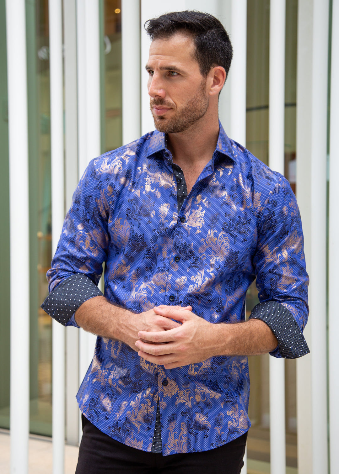 Metallic Flourish Accent On Microprint Long Sleeve Dress Shirt Royal