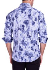 Monochrome Rose Print Linen Texture Long Sleeve Dress Shirt Navy