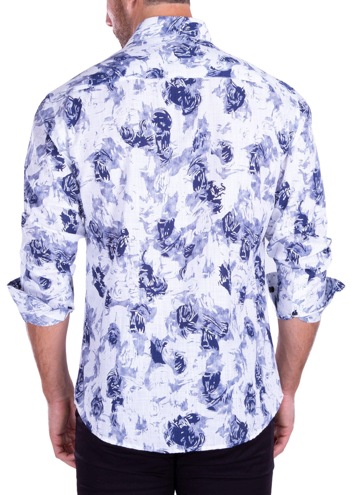 Monochrome Rose Print Linen Texture Long Sleeve Dress Shirt White