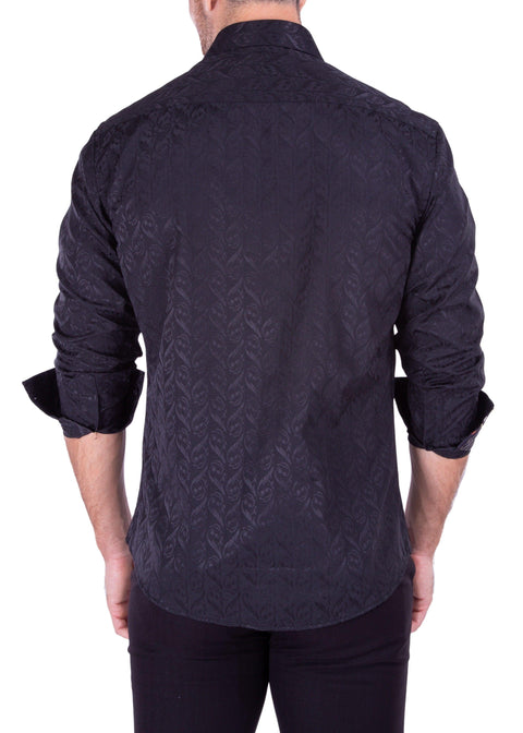 Flourish Texture Long Sleeve Dress Shirt Solid Black Chain Print Cuff