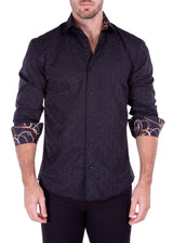 Flourish Texture Long Sleeve Dress Shirt Solid Black Chain Print Cuff