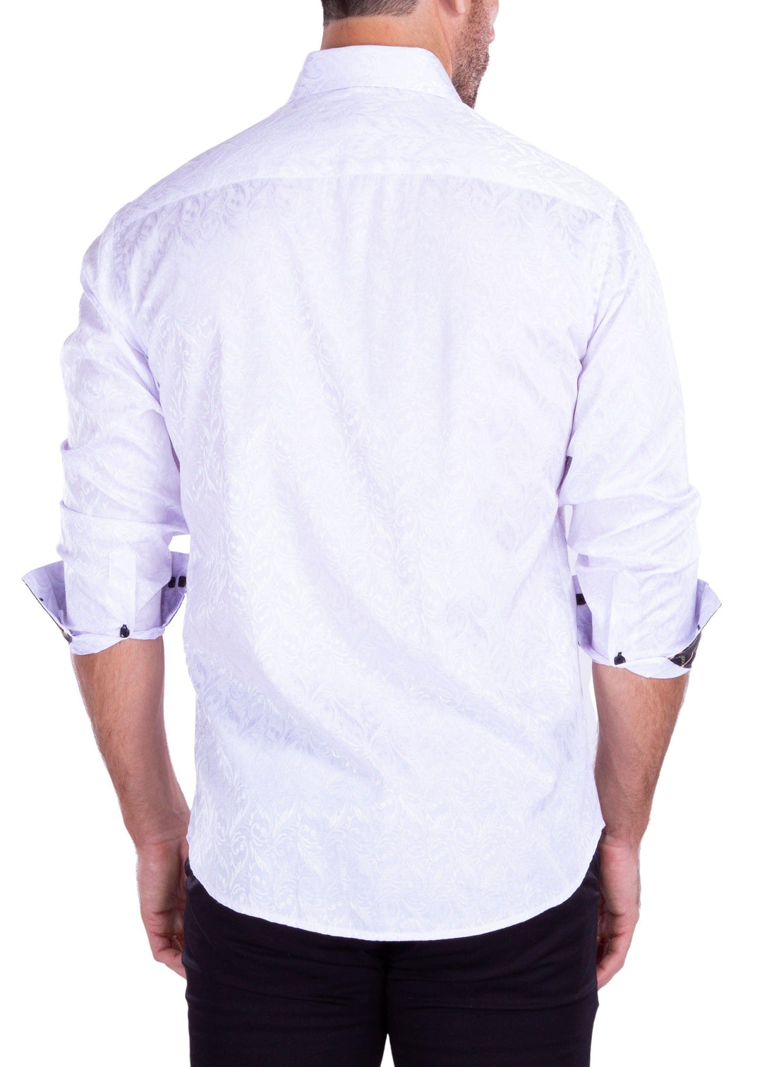 Flourish Texture Long Sleeve Dress Shirt Solid White Chain Print Cuff