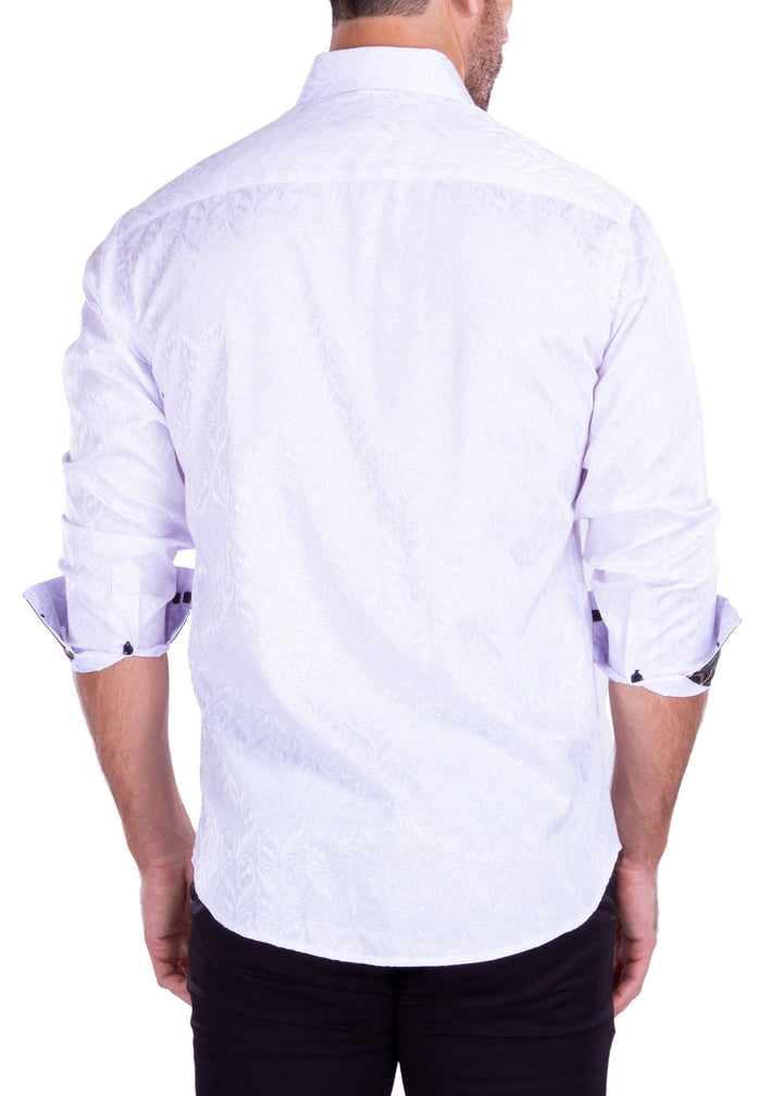 Flourish Texture Long Sleeve Dress Shirt Solid White Chain Print Cuff