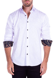 Flourish Texture Long Sleeve Dress Shirt Solid White Chain Print Cuff