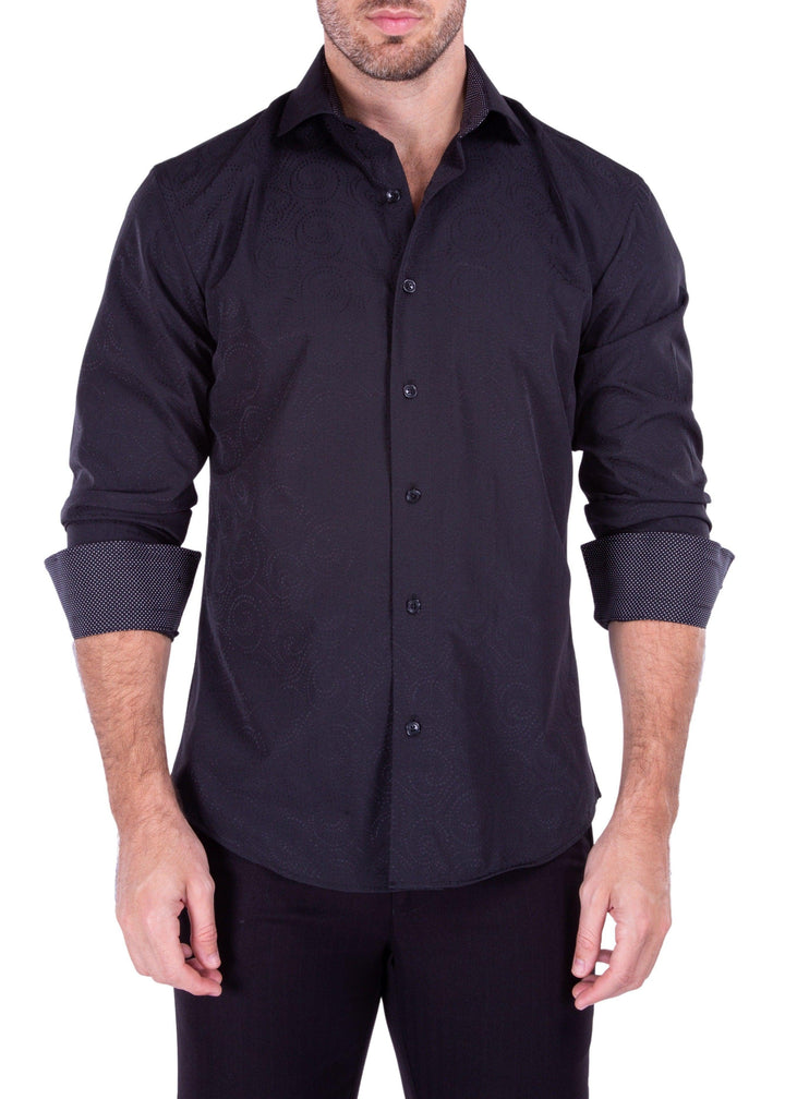 Pointillist Swirl Texture Long Sleeve Dress Shirt Solid Black