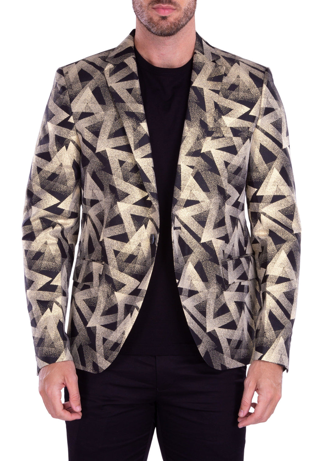Gold Art Deco Triangle Pattern Evening Blazer Black Black / 40R Gold Art Deco Triangle Pattern Evening Blazer Black Black / 40R