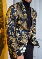 Metallic Japanese Print Floral Pattern Evening Blazer Gold