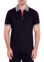 Greek Key Trim Zipper Polo Shirt Solid Black