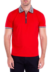 Greek Key Trim Zipper Polo Shirt Solid Red