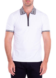 Greek Key Trim Zipper Polo Shirt Solid White