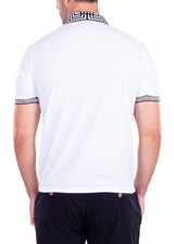Greek Key Trim Zipper Polo Shirt Solid White