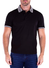 Greek Key Collar & Trim Solid Black Polo Shirt