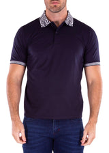 Greek Key Collar & Trim Solid Navy Polo Shirt