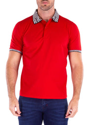 Greek Key Collar & Trim Solid Red Polo Shirt