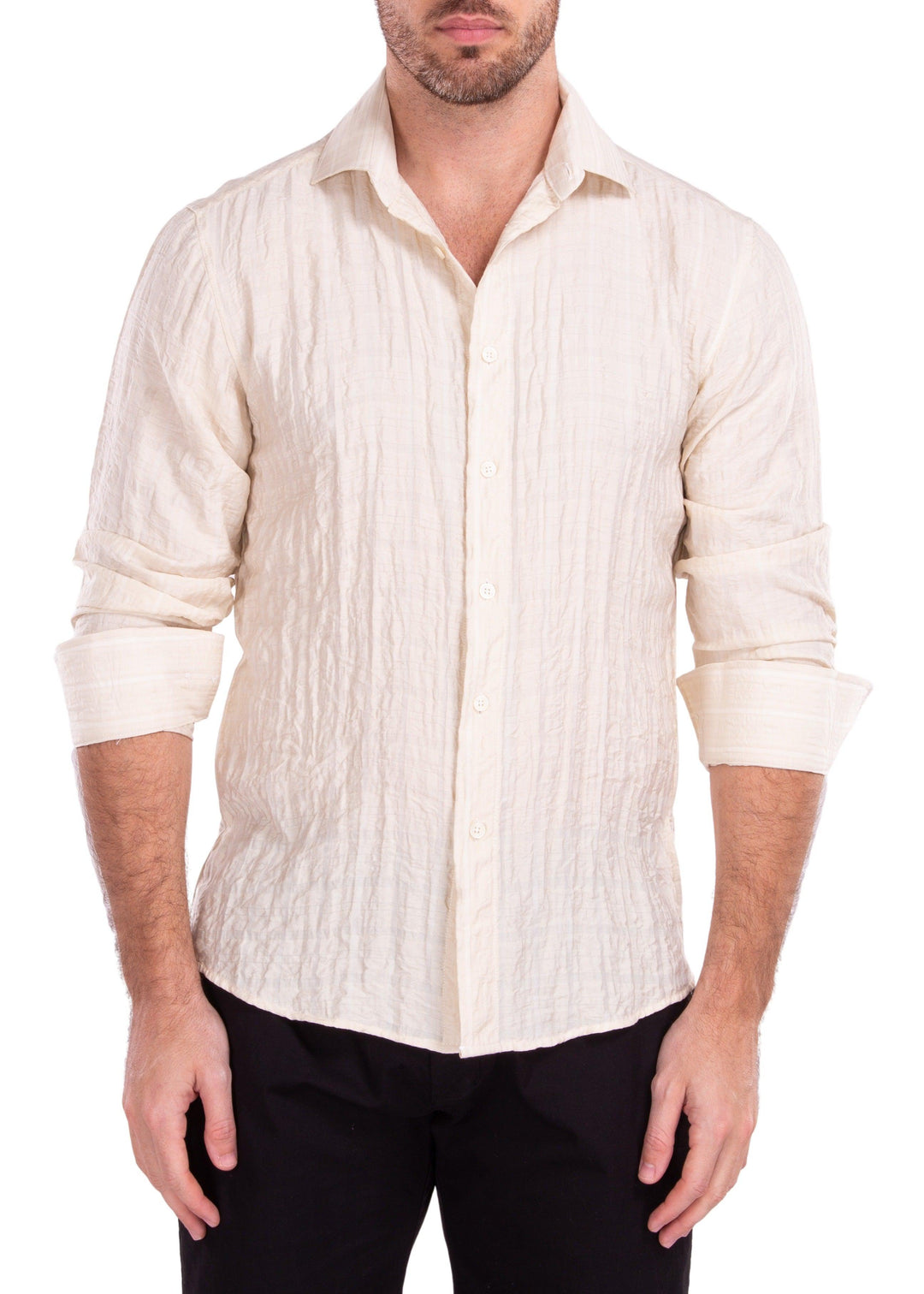 Linen Crinkle Texture Solid Beige Button Up Long Sleeve Dress Shirt by BESPOKE MODA Linen Crinkle Texture Solid Beige Button Up Long Sleeve Dress Shirt by BESPOKE MODA