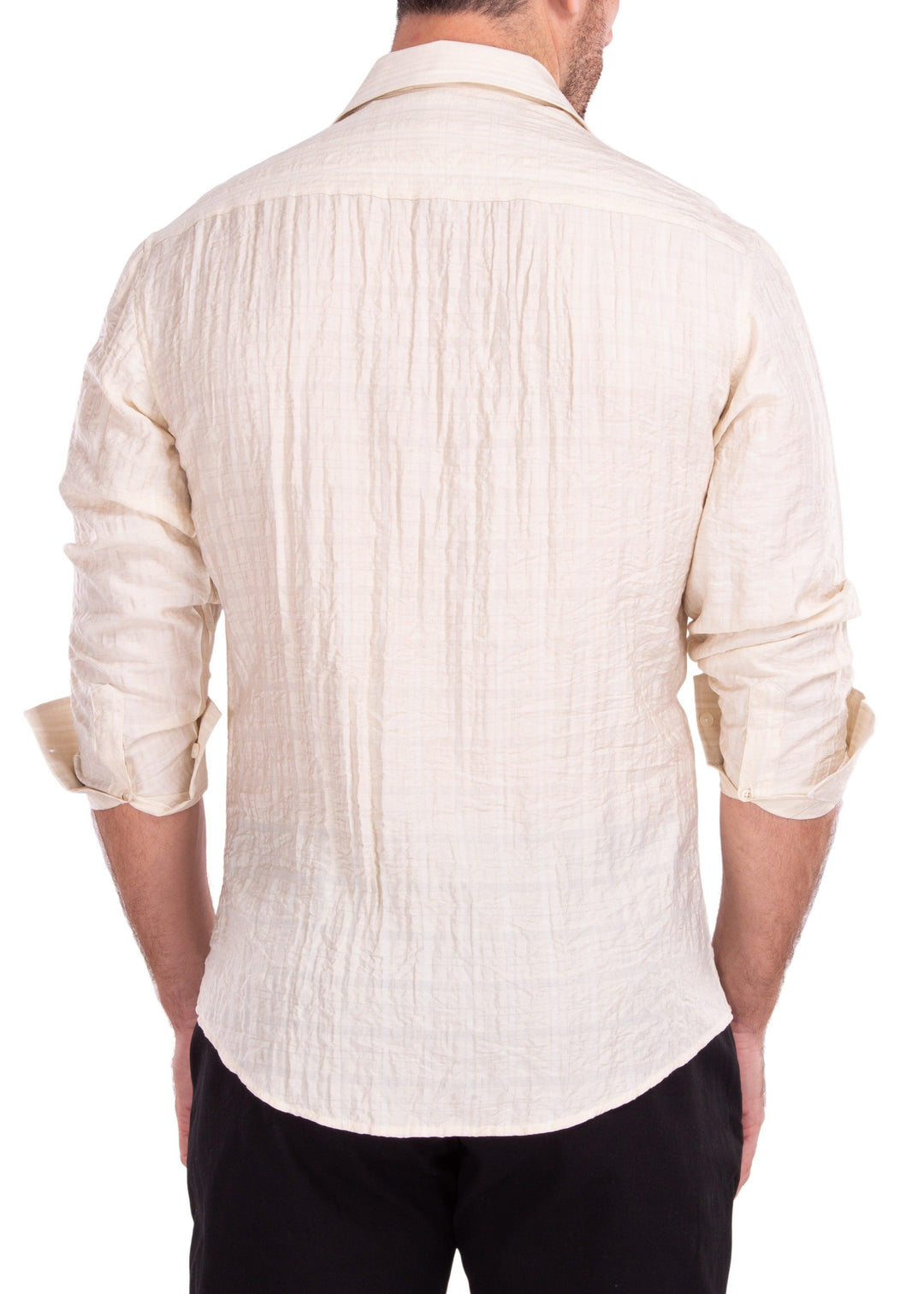 Linen Crinkle Texture Solid Beige Button Up Long Sleeve Dress Shirt Beige / 3X
