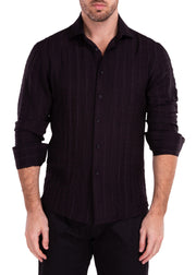Linen Crinkle Texture Solid Black Button Up Long Sleeve Dress Shirt