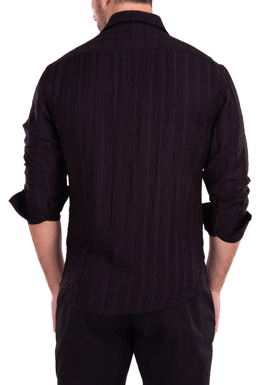Linen Crinkle Texture Solid Black Button Up Long Sleeve Dress Shirt