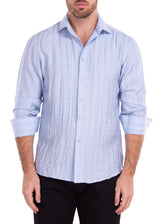 Linen Crinkle Texture Solid Blue Button Up Long Sleeve Dress Shirt