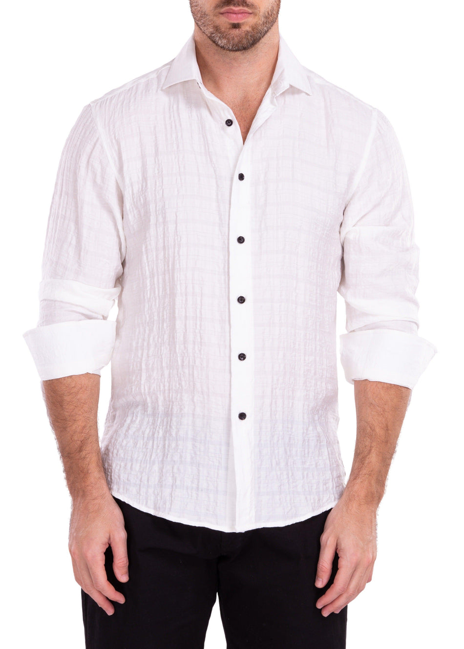 Linen Crinkle Texture Solid White Button Up Long Sleeve Dress Shirt–  BESPOKE MODA