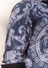 Greek Key Print Iridescent Metallic Navy Long Sleeve Dress Shirt
