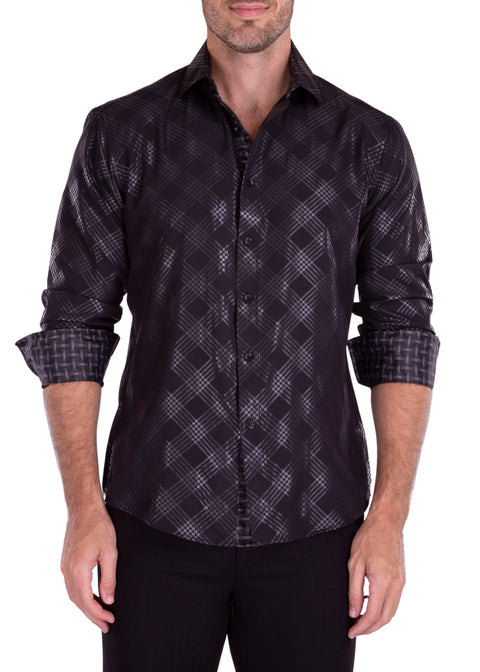 Metallic Criss-Cross Pattern Long Sleeve Dress Shirt Black