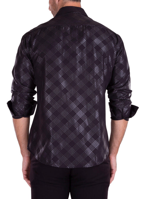 Metallic Criss-Cross Pattern Long Sleeve Dress Shirt Black