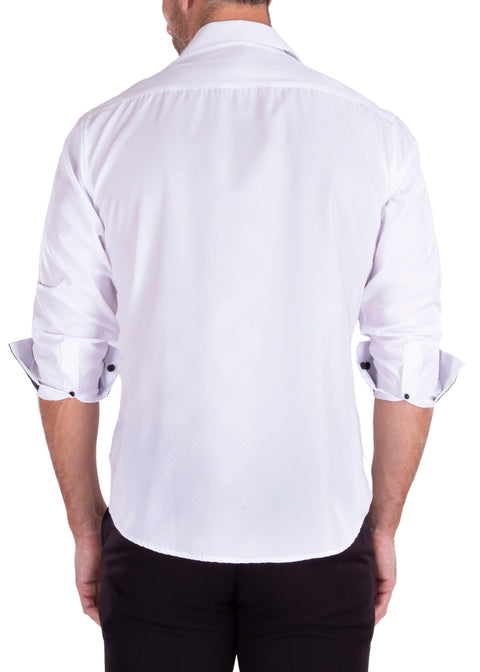 Metallic Criss-Cross Pattern Long Sleeve Dress Shirt White