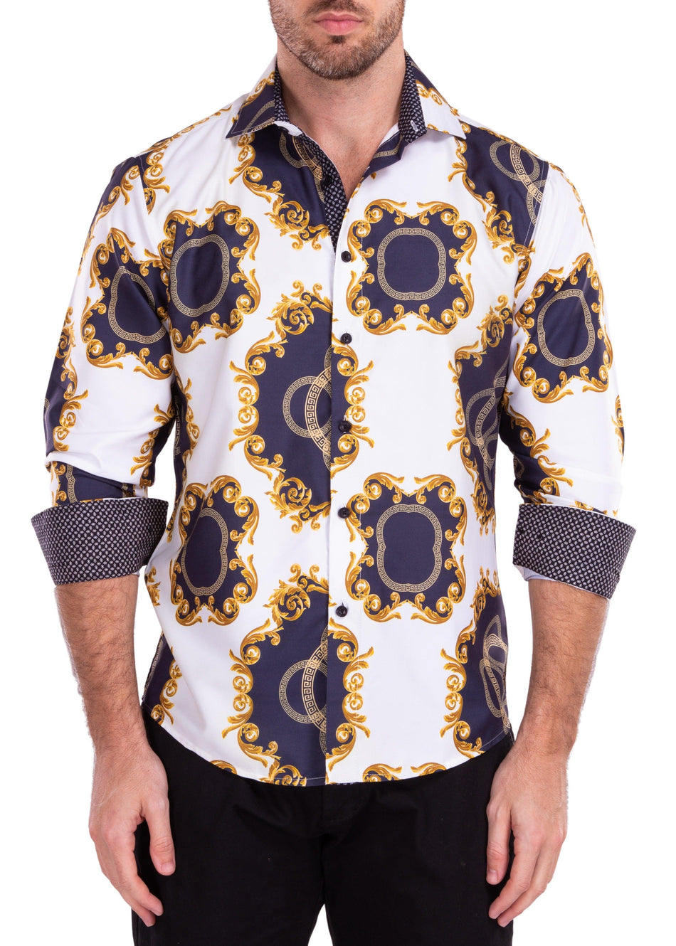 Abstract Contrast Geo Print White Button Up Short Sleeve Dress Shirt