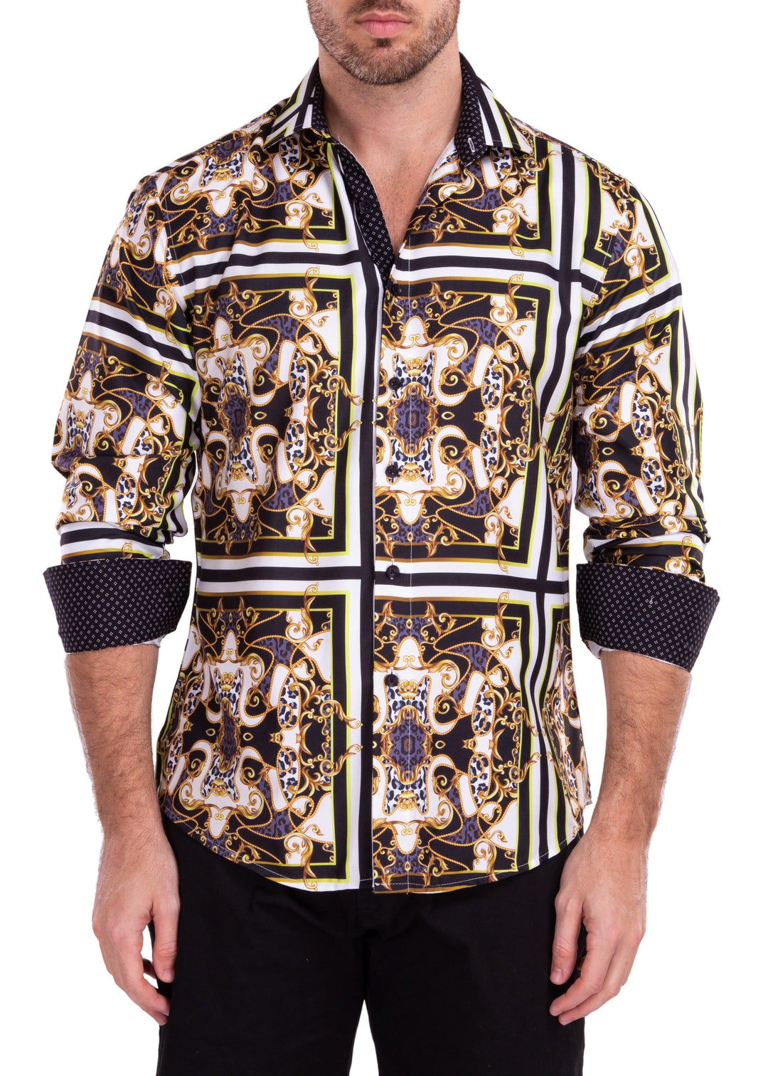 Abstract Neon Contrast Print White Button Up Long Sleeve Dress Shirt