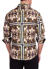 Abstract Neon Contrast Print White Button Up Long Sleeve Dress Shirt